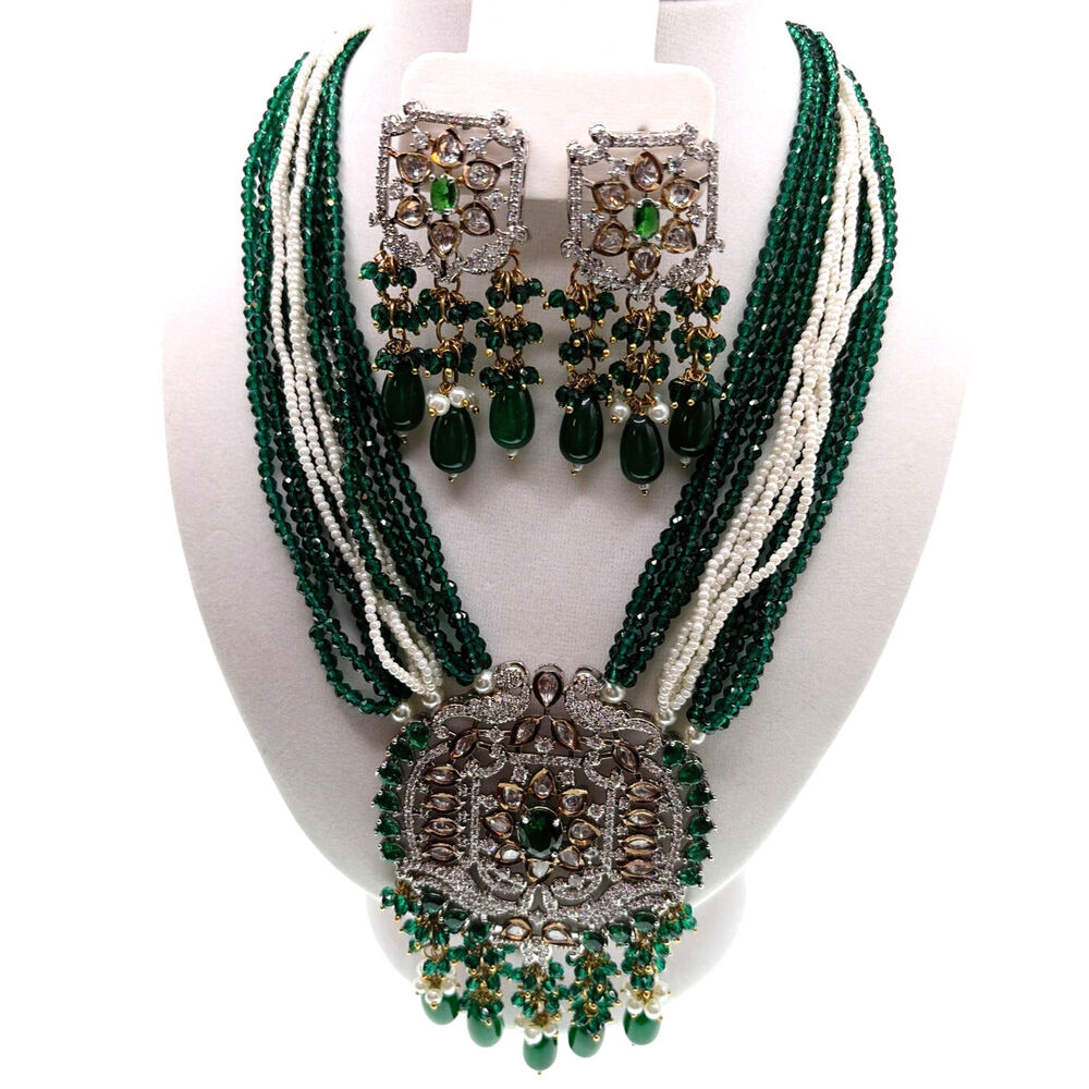 Kundan Emerald Green Glass Rhinestones Necklace 46” And Earrings Set